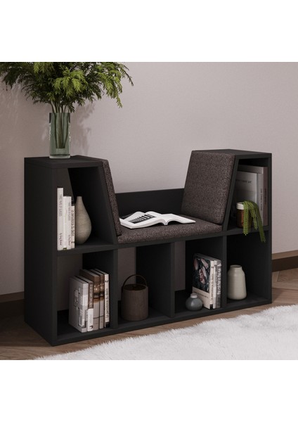 Livora Minderli Kitaplık - Oturma Alanlı 103 cm Minimalist Tasarım, Antrasit