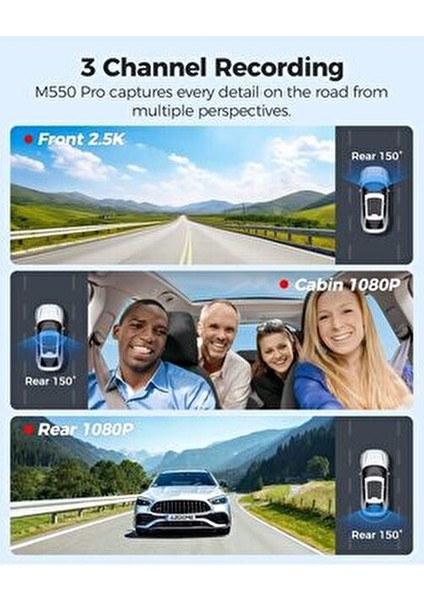 M550 Pro Dash Cam 4K Araç Içi Kamera Ön Arka ve Iç Kayıt 2 Kamera Gece Görüşlü G Sensör indirimleri