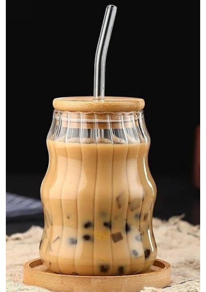 Pinterest Model Bardak - 1 Adet Bambu Kapaklı Çizgili Cam Bardak - Soğuk Kahve Bardağı fiyatları