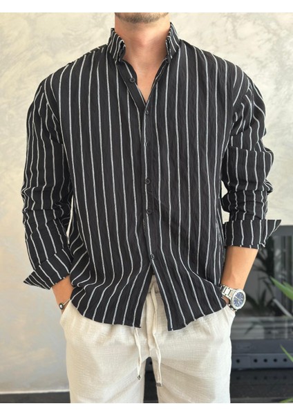 Erkek Oversize Kesim Çizgili Gömlek Siyah ECA009
