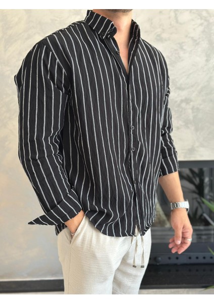 Erkek Oversize Kesim Çizgili Gömlek Siyah ECA009 fiyatları