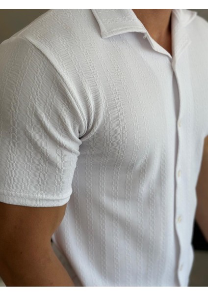 Erkek Slim Fit Dokulu Pamuklu Kısa Kol Gömlek Beyaz ECA011 modelleri