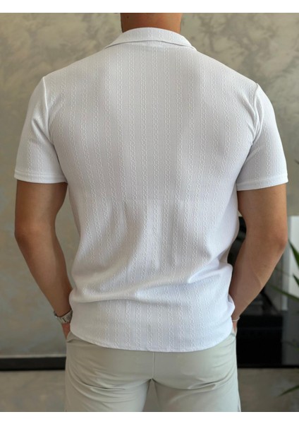 Erkek Slim Fit Dokulu Pamuklu Kısa Kol Gömlek Beyaz ECA011 indirimleri