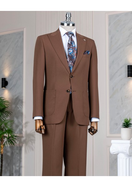 Italyan Stil Slim Fit Ceket Pantolon Takım Elbise Kahverengi T14154