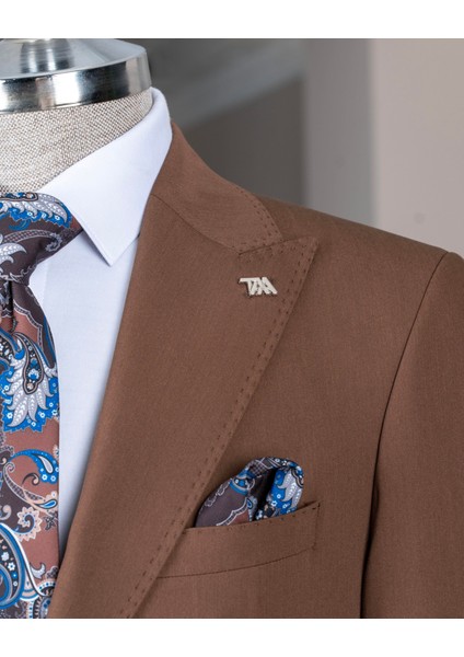 Italyan Stil Slim Fit Ceket Pantolon Takım Elbise Kahverengi T14154 modelleri