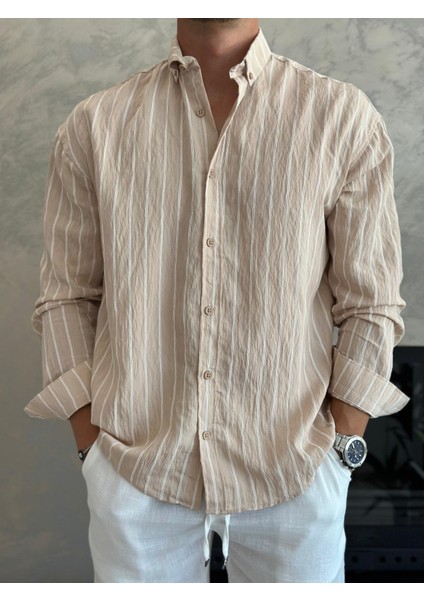 Erkek Oversize Kesim Çizgili Gömlek Bej ECA009