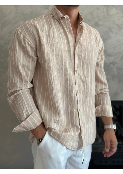 Erkek Oversize Kesim Çizgili Gömlek Bej ECA009 fiyatları