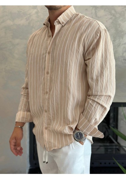 Erkek Oversize Kesim Çizgili Gömlek Bej ECA009 modelleri