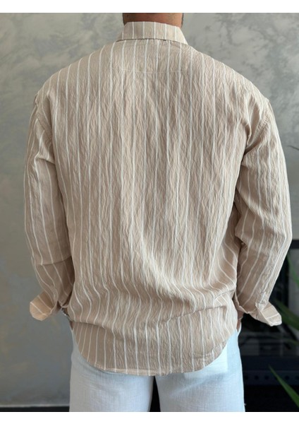 Erkek Oversize Kesim Çizgili Gömlek Bej ECA009 indirimleri