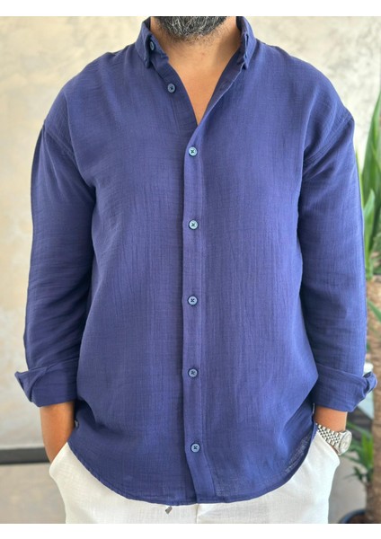 Erkek Oversize Kesim Keten Gömlek Lacivert ECA007