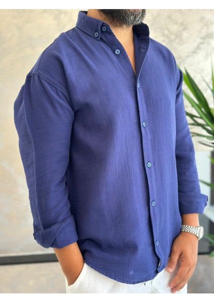 Erkek Oversize Kesim Keten Gömlek Lacivert ECA007 fiyatları