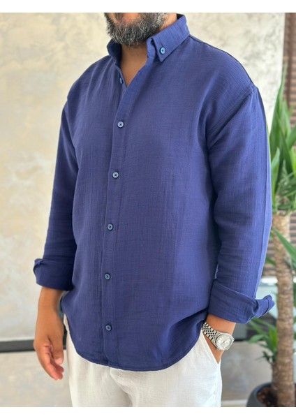 Erkek Oversize Kesim Keten Gömlek Lacivert ECA007 modelleri