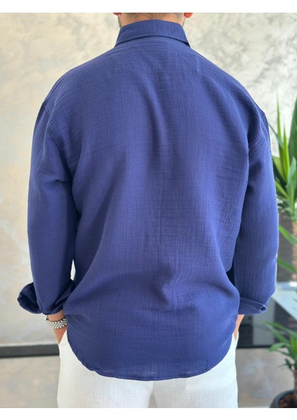 Erkek Oversize Kesim Keten Gömlek Lacivert ECA007 fırsatları