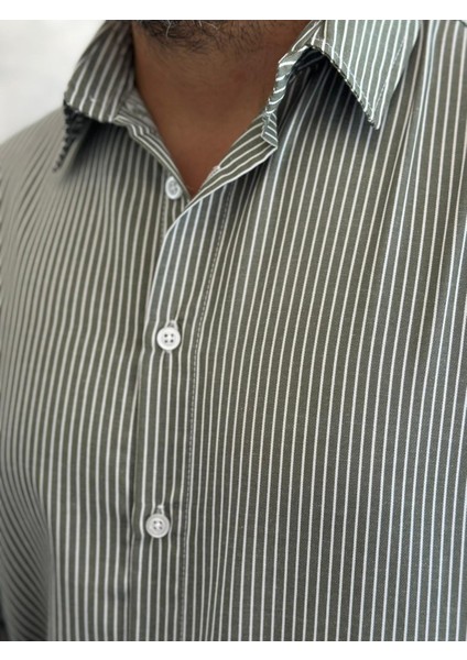 Erkek Rahat Kesim Çizgili Pamuklu Gömlek Yeşil ECA008 fırsatları
