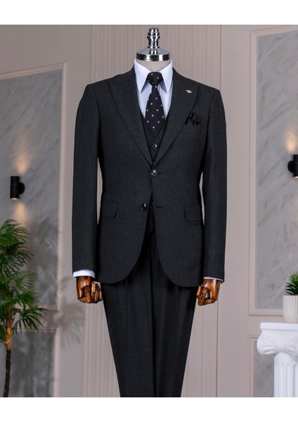 Italyan Stil Slim Fit Ceket Yelek Pantolon Takım Elbise Antrasit T14314