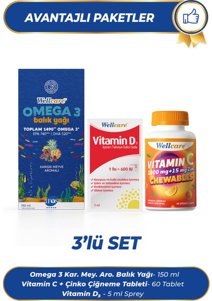 3'lü Set - Vitamin D3 600 Iu - 30 ml & Omega 3 Karışık Meyve Aromalı Balık Yağı - 150 ml & Vitamin C 1000 Mg + 15 Mg Zinc Çiğneme Tableti 60 Tablet