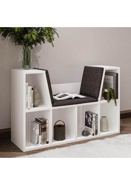 Livora Minderli Kitaplık - Oturma Alanlı 103 cm Minimalist Tasarım, Beyaz