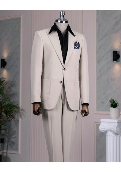 Italyan Stil Slim Fit Ceket Pantolon Takım Elbise Bej T14153