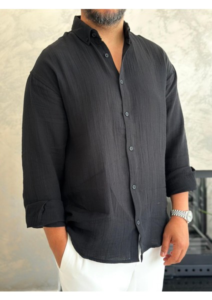 Erkek Rahat Kesim Premium Keten Gömlek Siyah ECA010