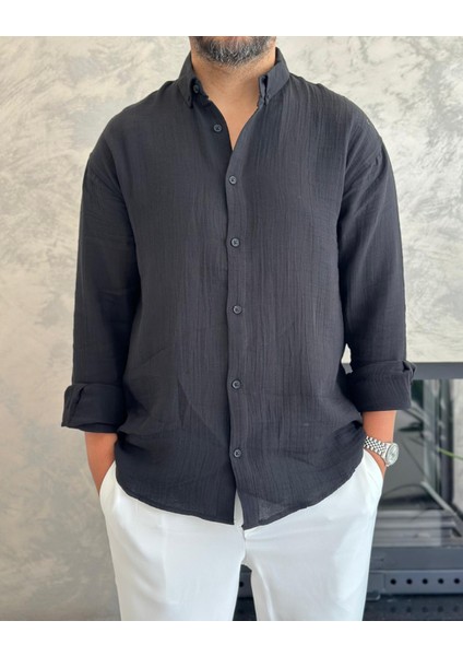 Erkek Rahat Kesim Premium Keten Gömlek Siyah ECA010 fiyatları