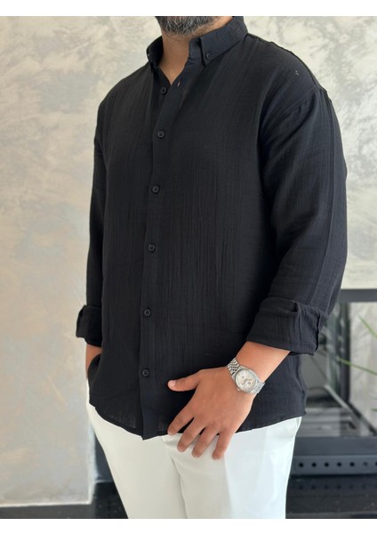 Erkek Rahat Kesim Premium Keten Gömlek Siyah ECA010 modelleri