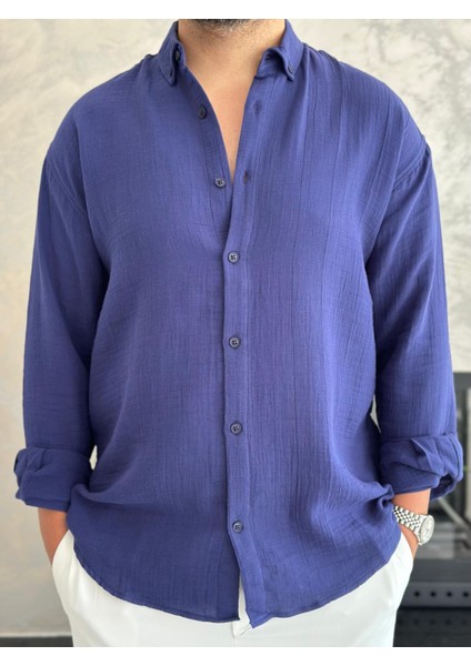 Erkek Rahat Kesim Premium Keten Gömlek Lacivert ECA010 fiyatları