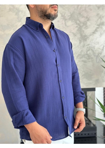 Erkek Rahat Kesim Premium Keten Gömlek Lacivert ECA010 modelleri
