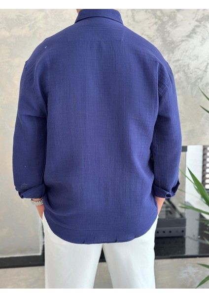 Erkek Rahat Kesim Premium Keten Gömlek Lacivert ECA010 fırsatları