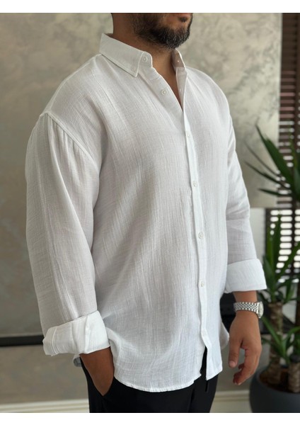 Erkek Rahat Kesim Premium Keten Gömlek Beyaz ECA010
