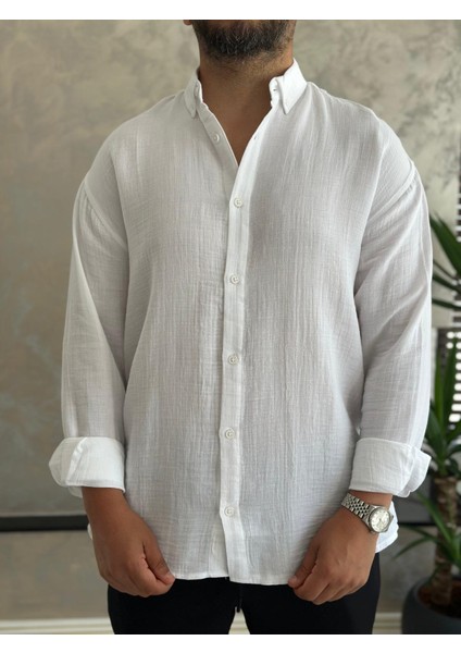 Erkek Rahat Kesim Premium Keten Gömlek Beyaz ECA010 fırsatları