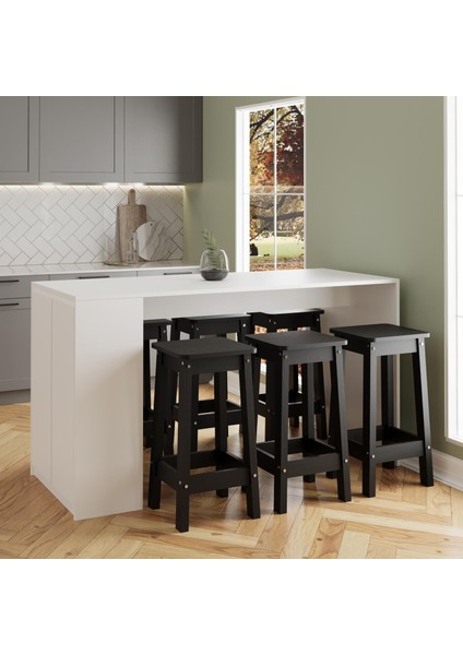 Edgar G4861 6 Adet Siyah Tabure Mutfak Adası Bar Masası Beyaz Depolamalı Çok Amaçlı Kapaklı Masa