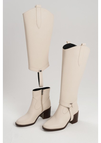 Bej Renk Ikisi Bir Arada Tak Çıkar Özellikli Kalın Topuklu Çizme/bot