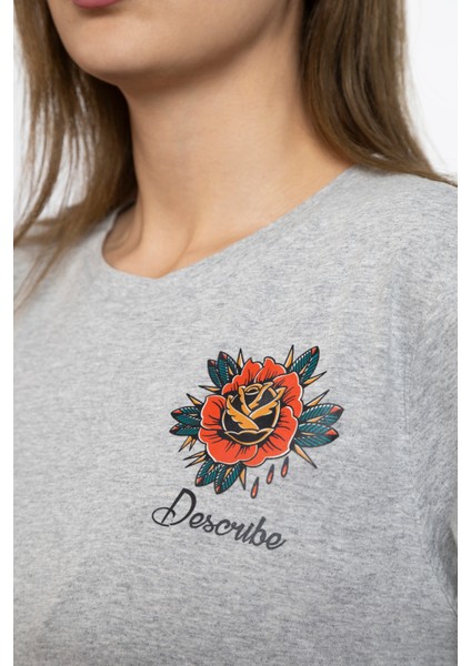 Kadın Uzun Kollu Gri Renk Çiçek Baskılı Tshırt fırsatları