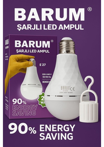 Elektrik Kesildiğinde Yanmaya Devam Eden Asma Aparatlı 20WATT Tasarruflu Şarjlı LED Ampul