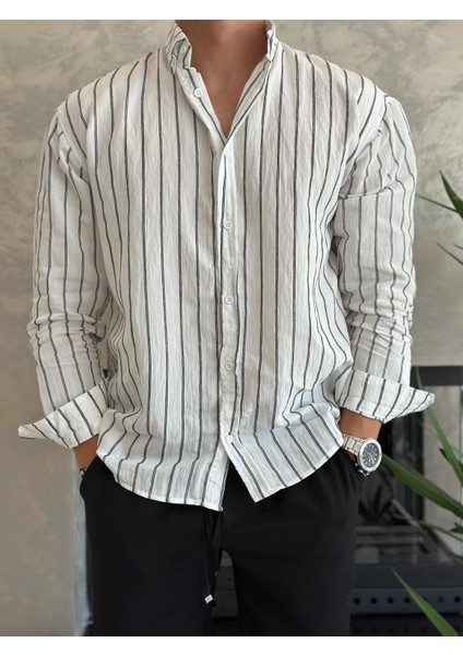 Erkek Oversize Kesim Çizgili Gömlek Beyaz ECA009