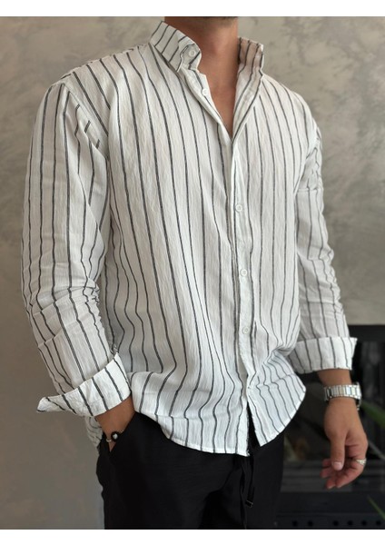 Erkek Oversize Kesim Çizgili Gömlek Beyaz ECA009 fiyatları