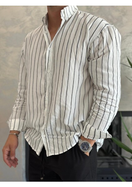 Erkek Oversize Kesim Çizgili Gömlek Beyaz ECA009 modelleri