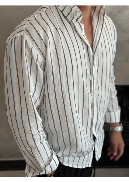 Erkek Oversize Kesim Çizgili Gömlek Beyaz ECA009 fırsatları