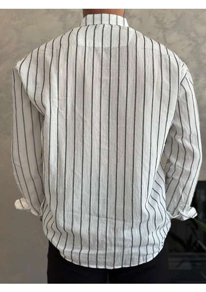 Erkek Oversize Kesim Çizgili Gömlek Beyaz ECA009 indirimleri
