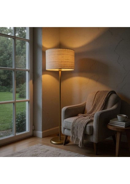 Farel Gold Ayaklıı Rattan Şapkalı Silindir Lambader
