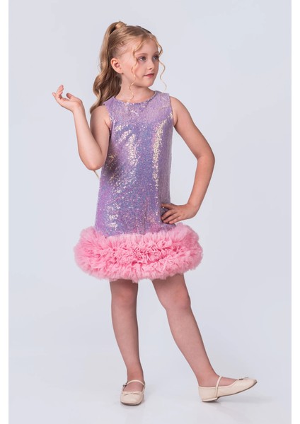 Pullu ve Tüllü Şık Kız Çocuk Elbise