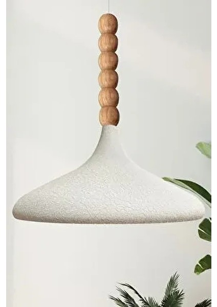 Dokulu Açık Krem Champion Ahşap Altı Boncuklu Tekli Avize Sarkıt Salon Mutfak Butik Lamba