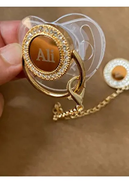 Isme Özel Altın Kaplama Zirkon Taşlı Bebek Emzik Seti (0-6 Ay) | Silikon & Damaklı Şeffaf