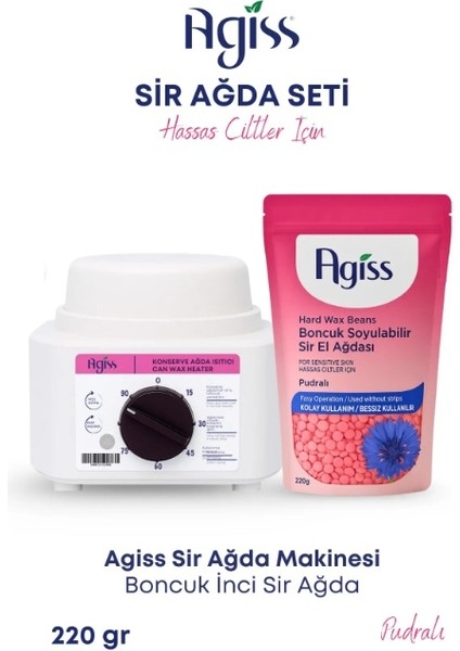 Sir Ağda Makinesi + 1 Adet Hassas Ciltler Için 220 gr Boncuk Soyulabilir Inci El Ağda 5 Spatula Seti