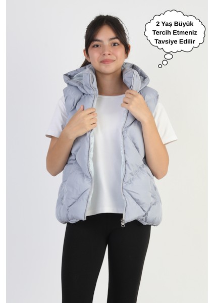 Kız Çocuk Kapüşonlu Cepli Astarlı Su Geçirmez Mevsimlik Şişme Yelek
