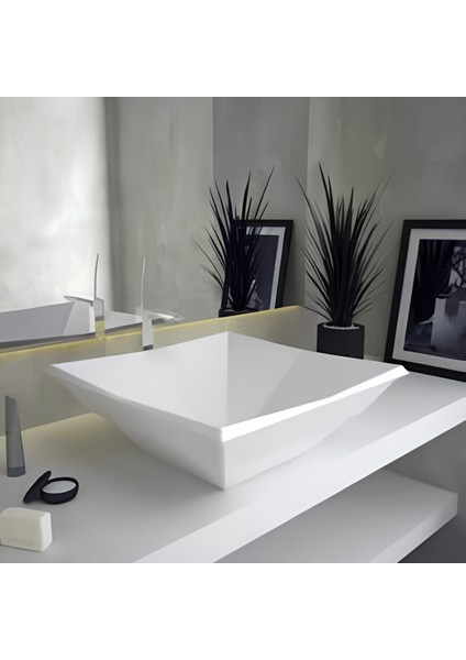 Kristal Kare Beyaz Deliksiz Lavabo 41 Cm
