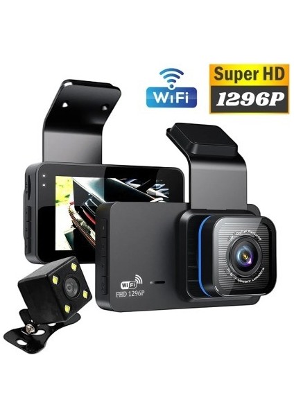 Araç Kamerası - 1296P 2k Video Kaydı 3 Inç Ekranlı Wifi App Control Gece Görüşü Geri Görüş Kamerası