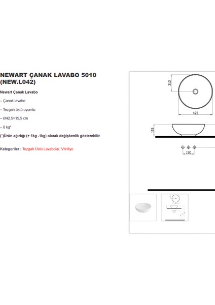 Newart Oval Beyaz Deliksiz Lavabo 42 Cm 5010