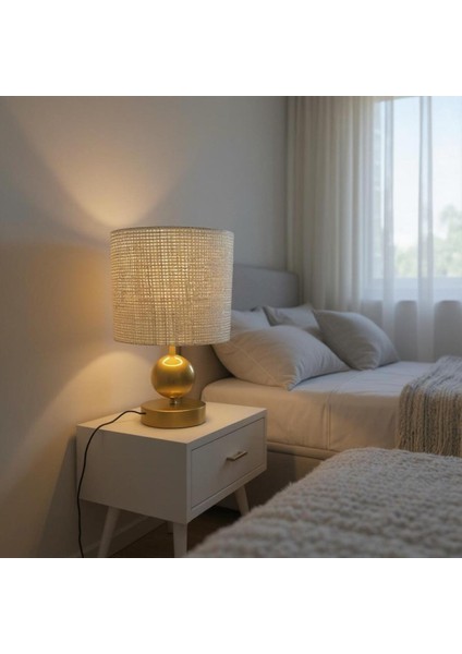 Beren Silindir Rattan Şapkalı Gold Masa Lambası