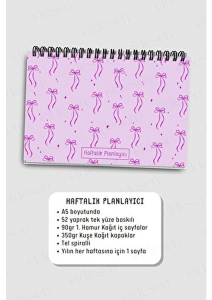 Haftalık Planlayıcı A5 Defter, Esnek Ince Karton Kapaklı, 1 Yıllık Planlayıcı, Mor Fiyonk